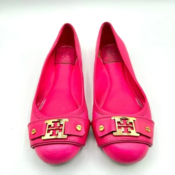 TORY BURCH PINK LEATHER LOAFER BALLERINA FLATS GOLD ORNEMENTS SIZE 6 - Picture 4 of 17